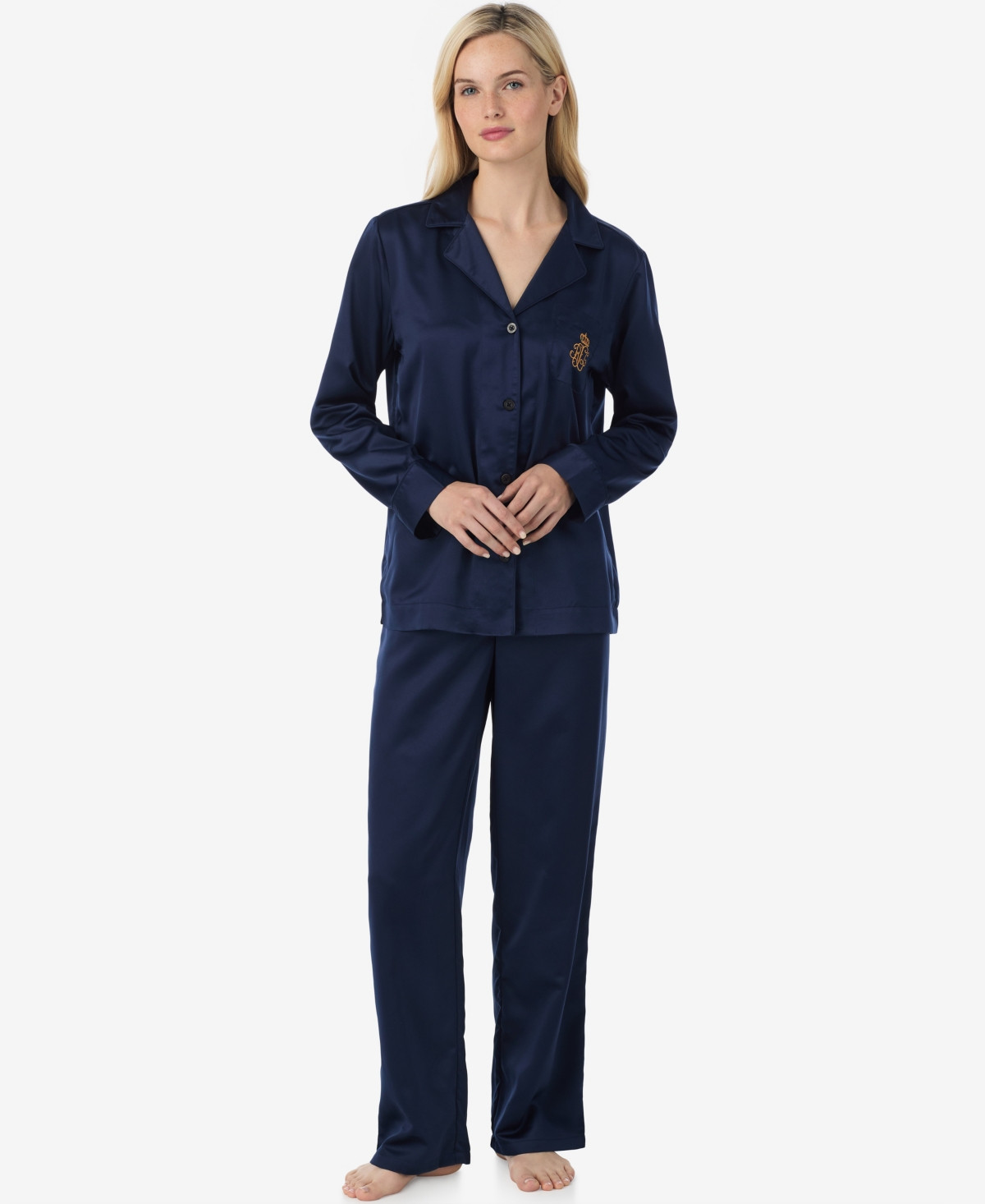 Lauren Ralph Lauren Women's Long Sleeves Notch Collar Pajama Set - Blue | Macy's