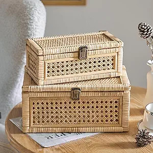 Rattan Box, Boho Decorative Boxes with Lids, Set of 2 Rectangular Wicker Storage Basket, Natural ... | Amazon (US)