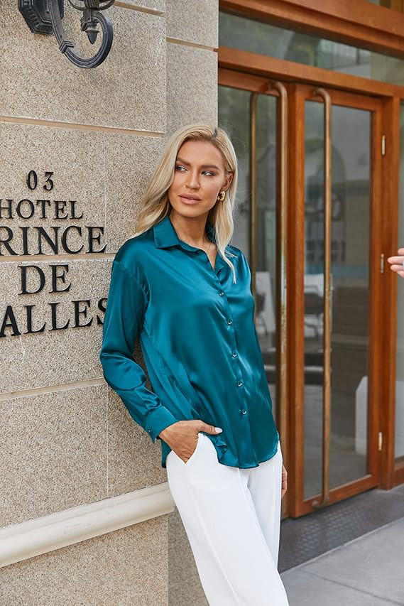 Chigant Women's Blouse Satin Silk Shirts Button Down Shirts Casual Loose Long Sleeve Office Work Tun | Amazon (US)