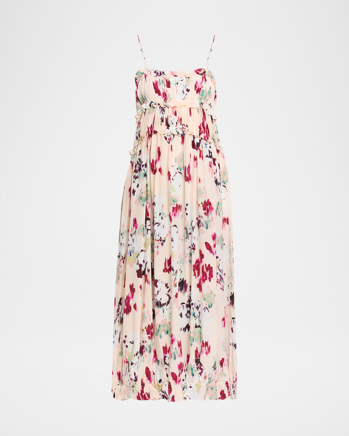 Clove Ruffled Floral Silk A-Line Midi Dress | Neiman Marcus