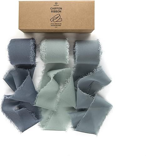 Vitalizart 3 Rolls Handmade Fringe Chiffon Silk Ribbon Gauze 1.5" x 7Yd Dusty Blue Ribbons Set fo... | Amazon (US)