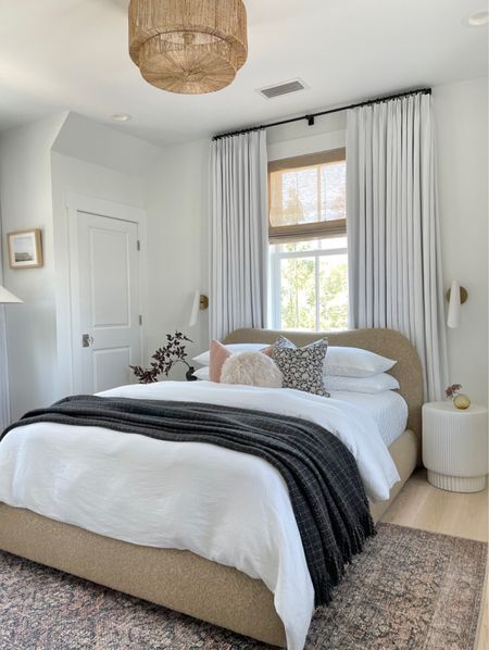 Guest bedroom.  Two pages curtains.  White linen curtains.  Bedroom.  White bedding.  Black throw blanket.  Bedroom decor. Loloi rug.  Bedroom rug.  Bed pillows. Home decor.  White sconces.  Loloi Billie x Amber Lewis rug 

#LTKhome #LTKunder100