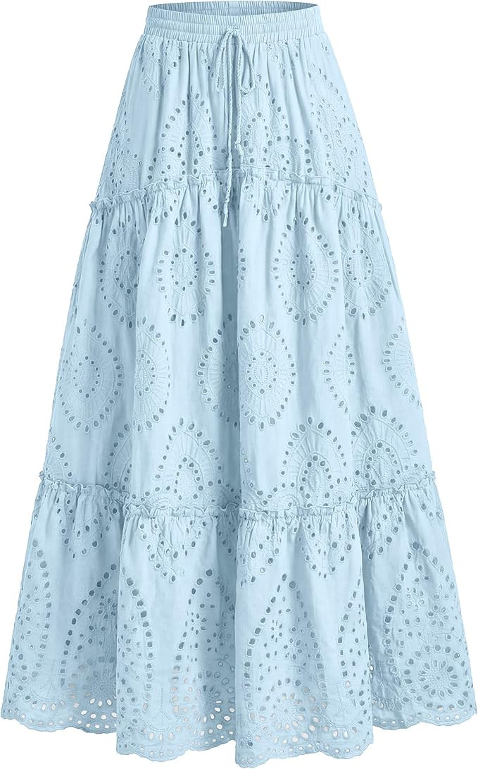 BTFBM Eyelet Long Skirts for Women Beach Vacation | Lace Embroidery, Boho Maxi Skirt, High Waiste... | Amazon (US)