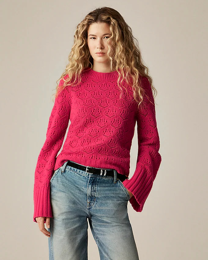 Wide-sleeve pointelle crewneck sweater in merino wool | J. Crew US