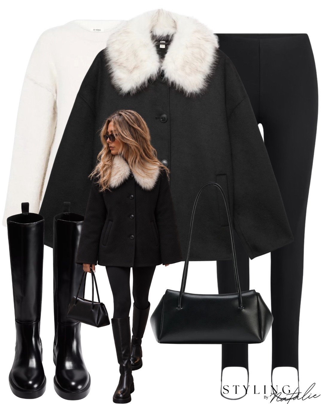 Faux fur collar short coat, stirrup leggings, patent knee-high boots, knit jumper and black bag. 
Winter coat, winter jacket, autumn outfit, fall outfit, cool girl fur trim Zara. ￼
