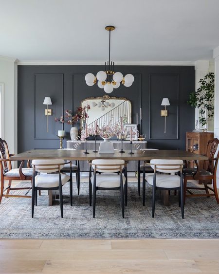 Moody modern traditional dining room

dining chairs, dining table, rug, chandelier, wall sconces, sideboard, buffet, wall mirror, centerpiece vase

#LTKstyletip #LTKsalealert #LTKhome
