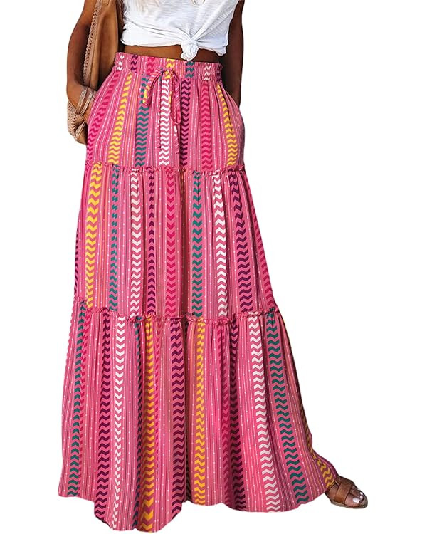 Happy Sailed Womens Floral Print Boho Maxi Skirt Elastic High Waist Pleated Ruffle Flowy Long Ski... | Amazon (US)