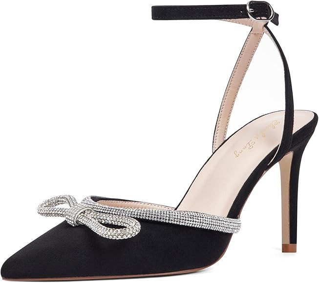 Elisabet Tang Women's High Heel Pumps,Rhinestone Bow Ankle Strap Stiletto Heeled Sandals Lace Up ... | Amazon (US)