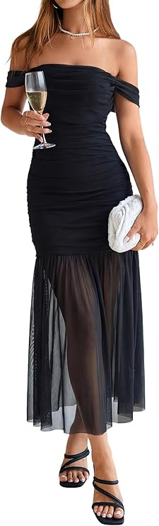 BerryGo Womens Summer Off Shoulder Maxi Dress Ruched Formal Wedding Guest Bodycon Floral Flowy Co... | Amazon (US)