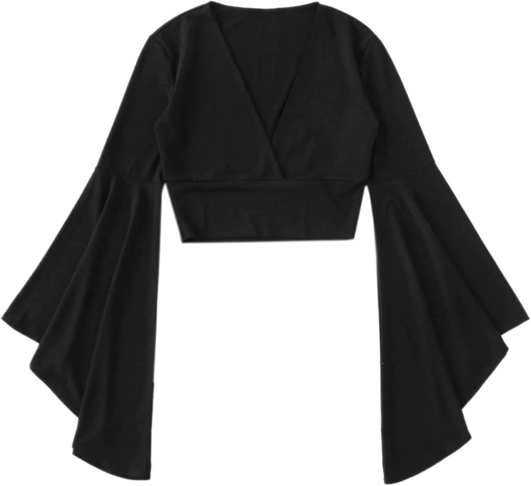 Floerns Women's V Neck Long Bell Sleeve Wrap Blouse Top Tee Shirts | Amazon (US)