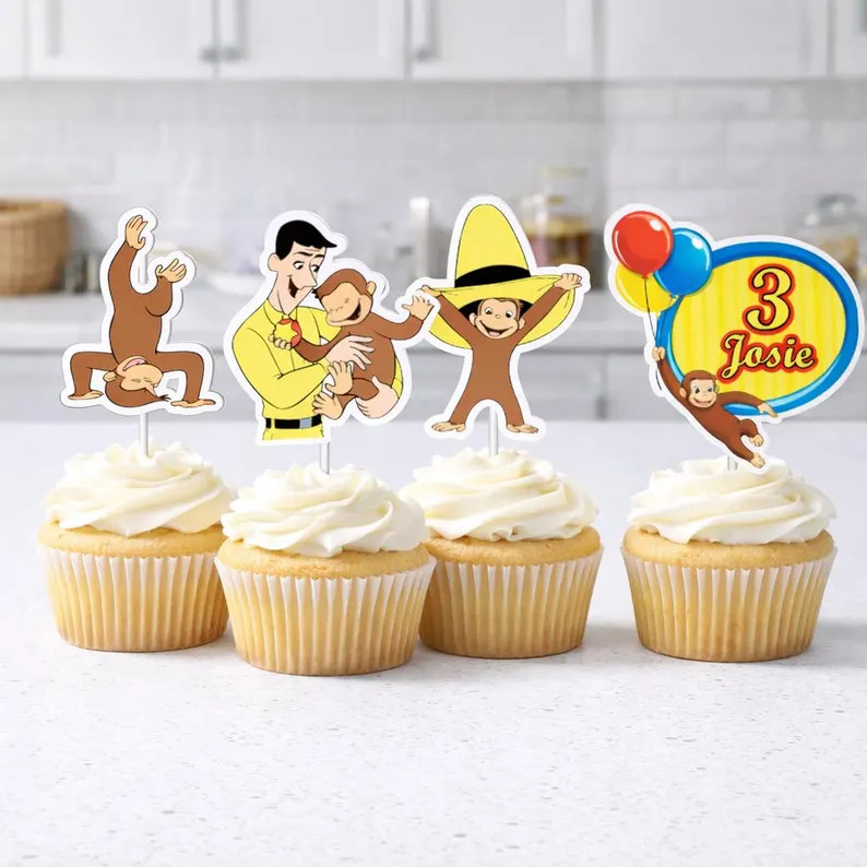 Curious George Cupcake Toppers (set of 6), Personalized Birthday Cake Toppers, Custom Curious Geo... | Etsy (Global)