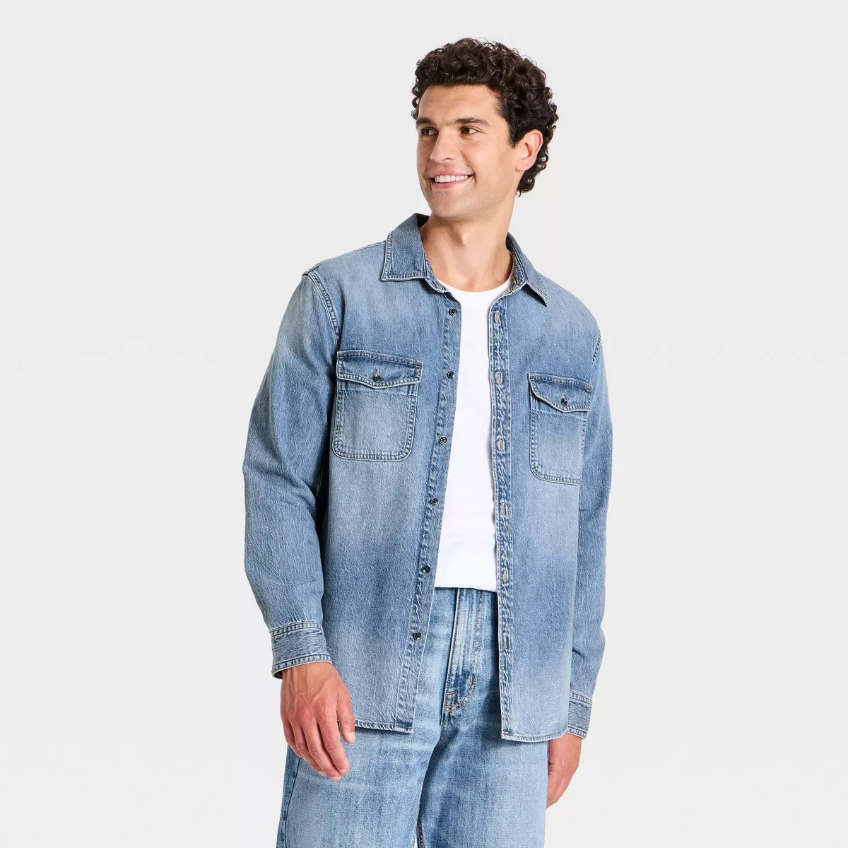 Men's Denim Long Sleeve Plaid Layer Button-Down Shirt - Goodfellow & Co\u2122 Light Indigo L | Target