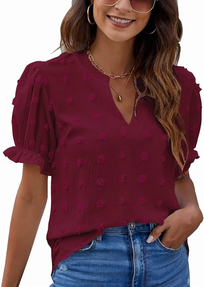 Blooming Jelly Womens Puff Sleeve Summer Tops Chiffon Short Sleeve Blouses White V Neck Pom Pom S... | Amazon (US)