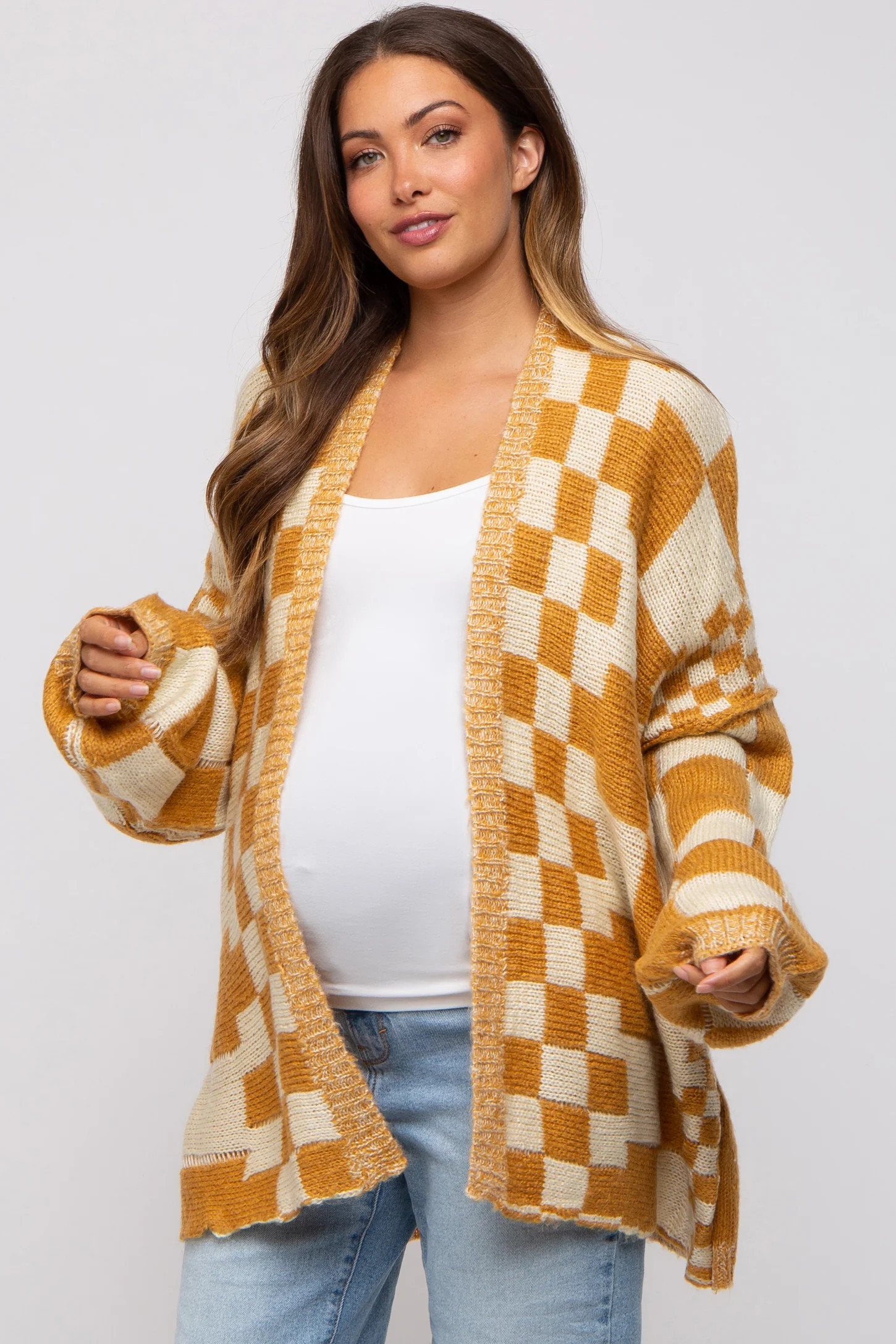 Yellow Checkered Plaid Maternity Oversized Cardigan | PinkBlush Maternity