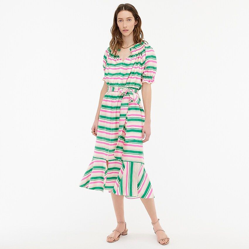 Silk-twill ruffleneck dress in stripe | J.Crew US
