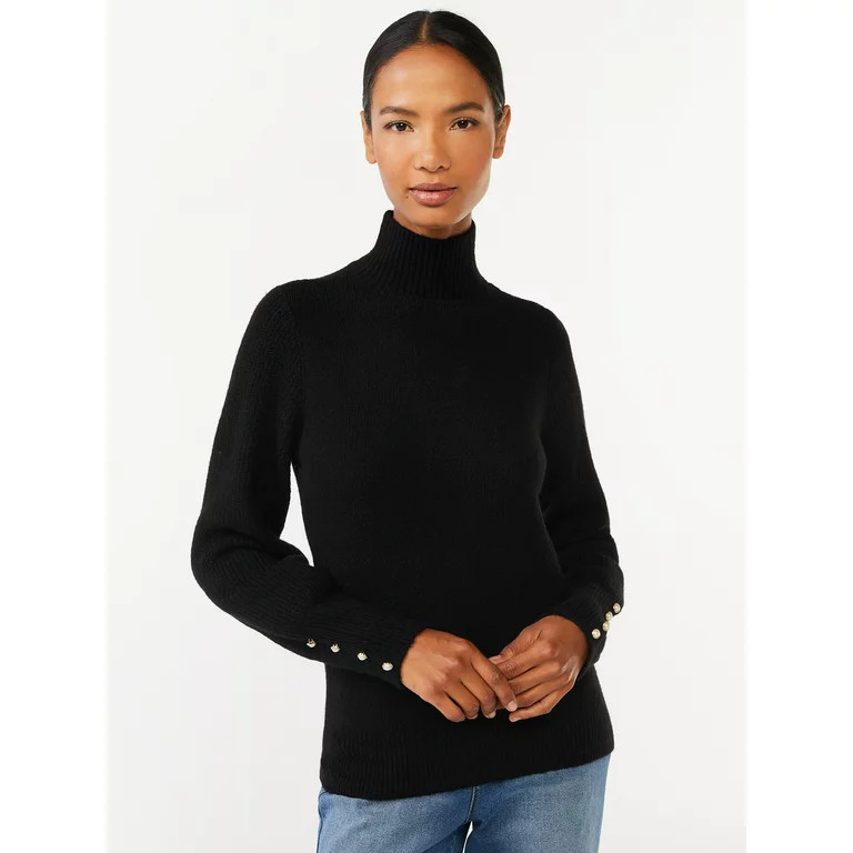 Scoop Women's Long Sleeve Turtleneck Sweater with Button Cuffs, Sizes XS-XXL | Walmart (US)
