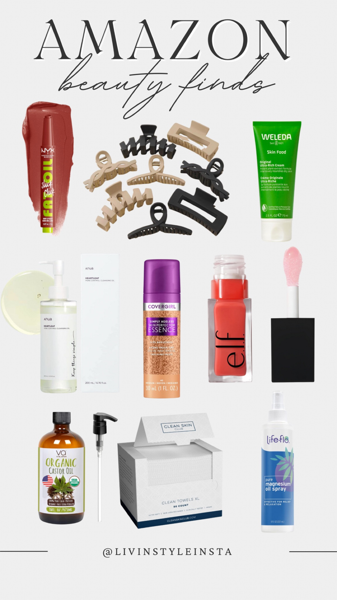 Amazon beauty and self care finds! Lip oil, makeup, moisturizer, oil cleanser, hair accessories 

#LTKfindsunder50 #LTKstyletip #LTKbeauty
