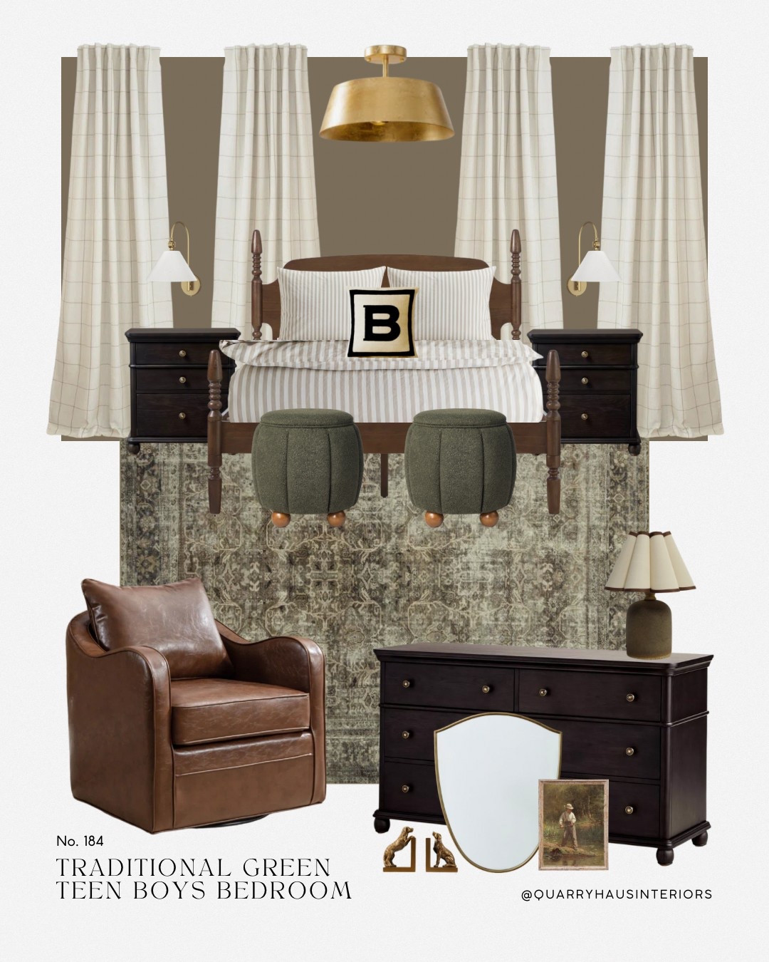 Traditional Green Teen Boy Bedroom Design 💚 paint color shown is Broccoli Brown by Farrow and Ball

Teen boy big kid bedroom design decor furniture Olive patterned classic traditional timeless patterned 

#LTKKids #LTKHome #LTKFamily
