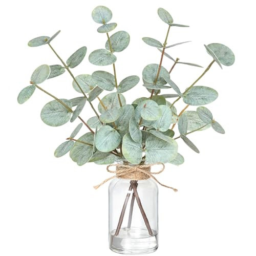 Piklado 13" Fake Eucalyptus Stems in Vase with Faux Water,Artificial Plants Eucalyptus Leaves for Shelf Desk Bathroom Farmhouse Room Coffee Table Home Decor (Green) | Amazon (US)