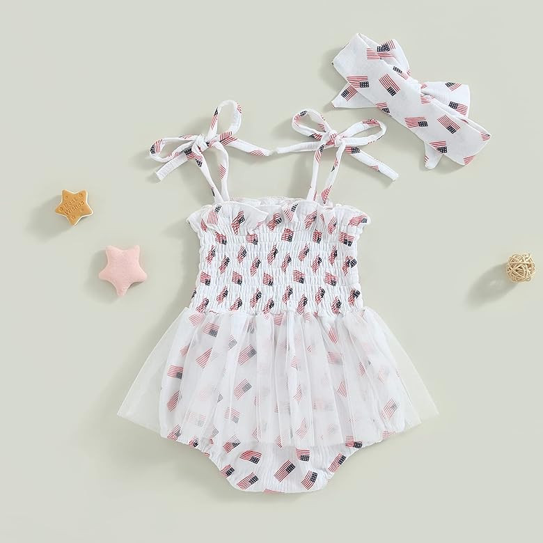 MA&BABY 4th of July Infant Girls Romper Dress Flag Star Print Short Sleeve Ruched Jumpsuits Bodys... | Amazon (US)