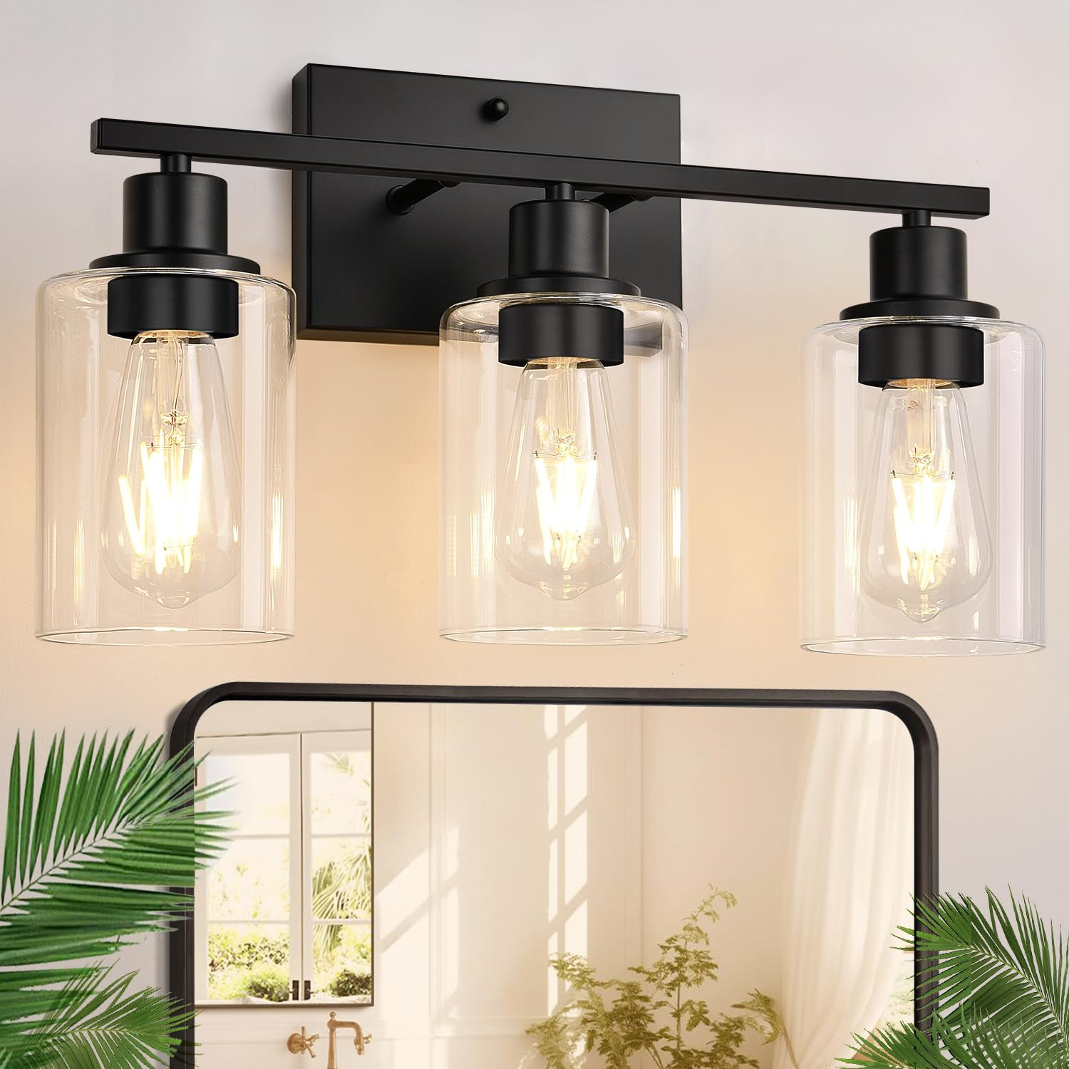 Indoi 3 Light Bathroom Light Fixtures, Matte Black Modern Vanity Lights with Clear Glass Shade, B... | Amazon (US)
