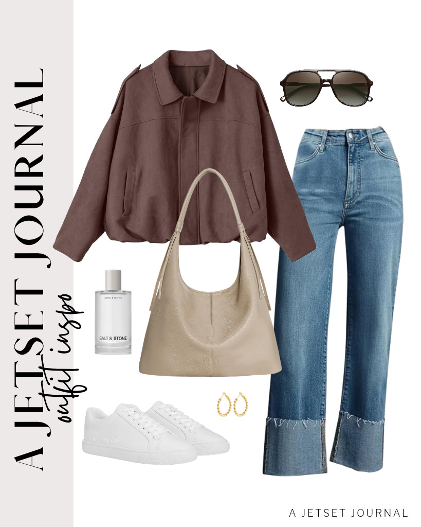 Our next outfit is a combination of an EVALESS faux suede jacket and KUNMI straight-leg jeans. This befen genuine leather purse goes well with this fit, along with Calvin Klein Camzy lace-up sneakers. Finish the fit with SOJOS retro polarized aviator sunglasses and Salt & Stone Signature Duo. 

 #LTKSeasonal #LTKSaleAlert #LTKTravel