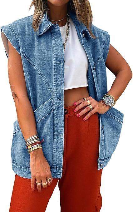 PLNOTME Womens Oversized Sleeveless Denim Vest Classic Button Down Jean Vest Casual Utility Lapel... | Amazon (US)