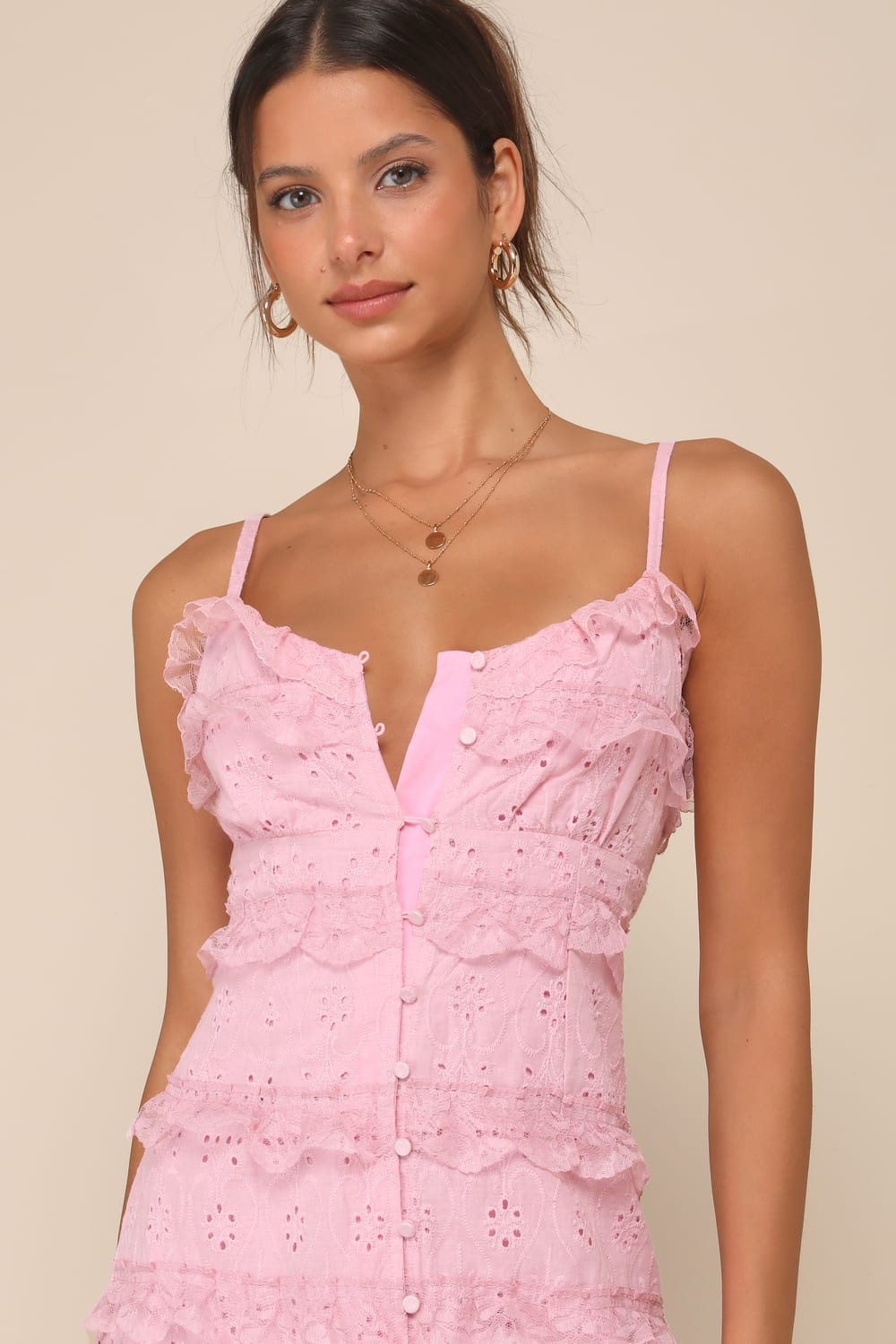 Delightful Cuteness Pink Lace Ruffled Button-Up Maxi Dress | Lulus