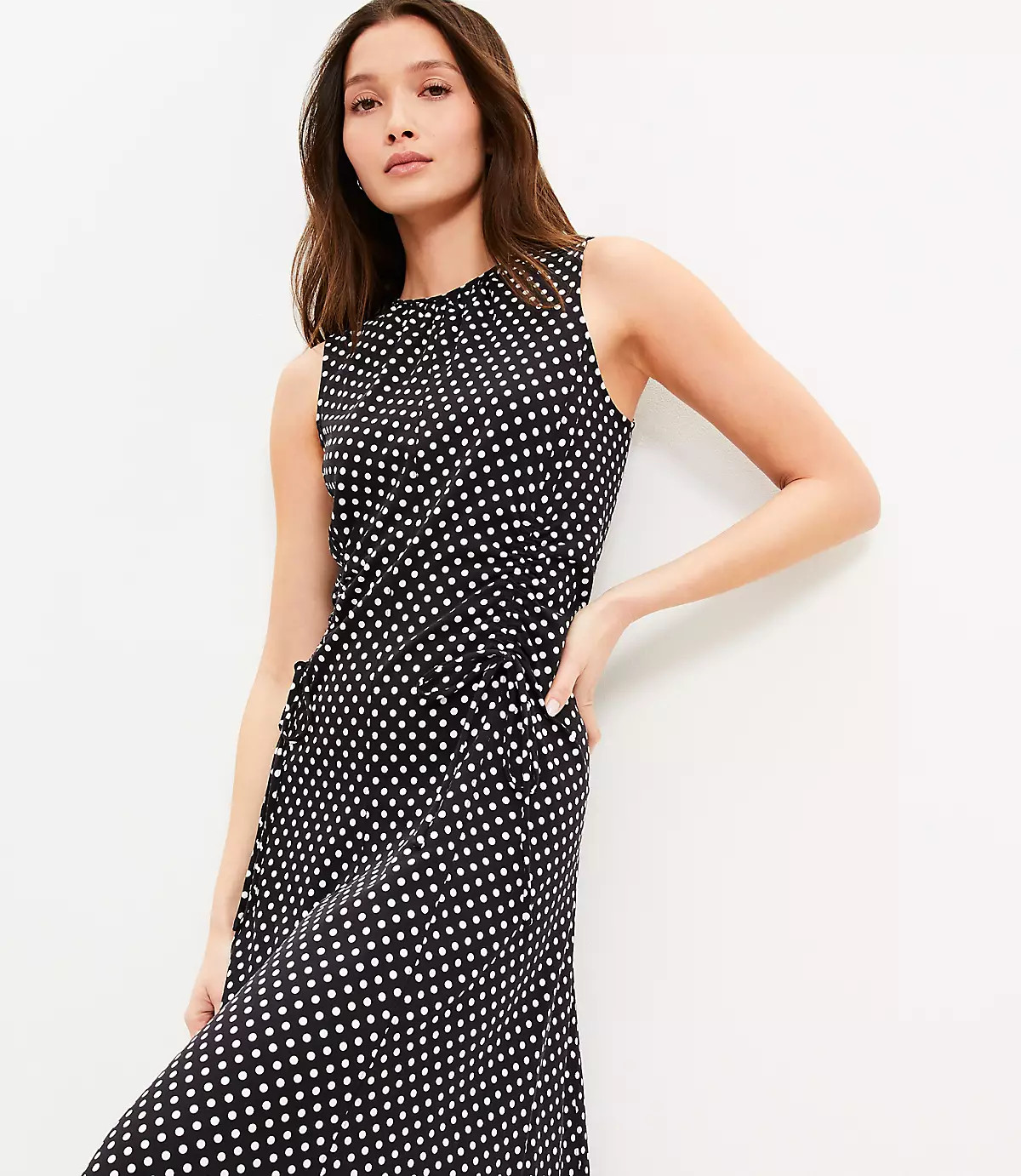 Dotted Cinched Front Tie Midi Dress | LOFT