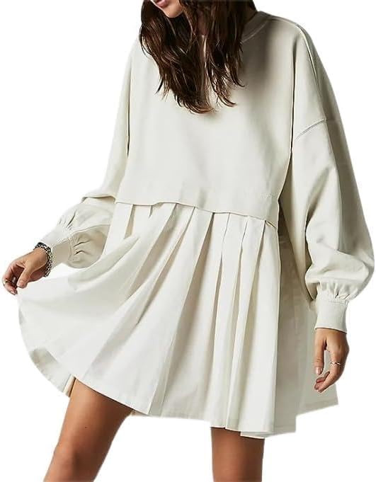 Women Pullover Mini Dress Long Sleeve Crew Neck Pullover Top Over Size Sweatshirt Mini Dress Sweatshirts Mini Dress | Amazon (US)