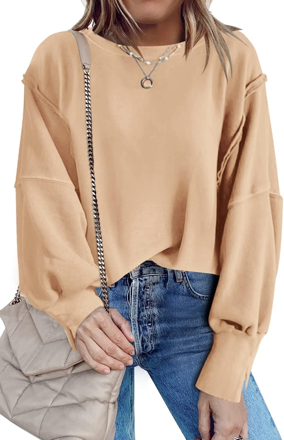 Nirovien Womens Oversized Crewneck Sweatshirt Side Slit Long Sleeve Pullover Slouchy Fit Tops | Amazon (US)