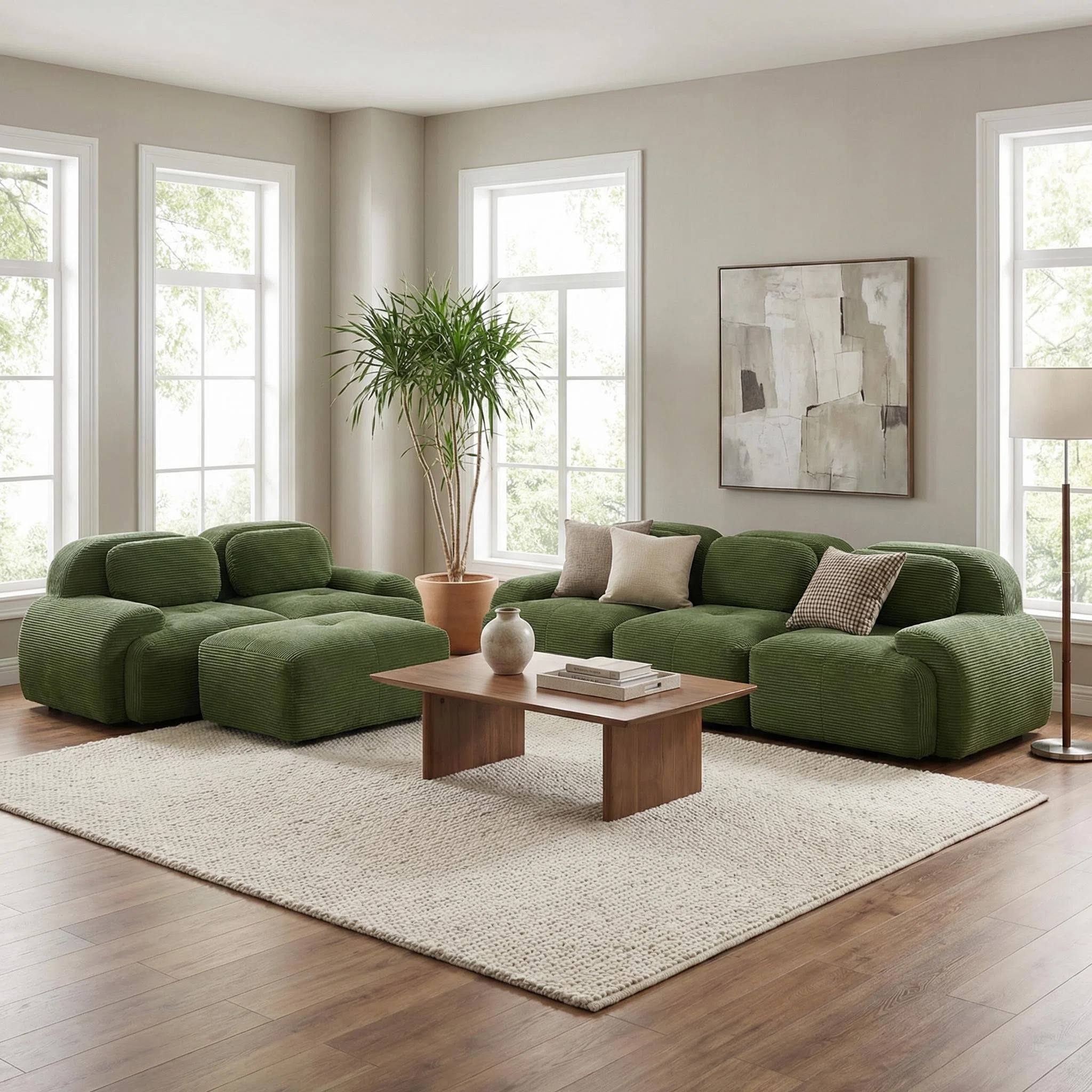 3-piece Luxury Blush Blue Corduroy Modular Sofa Set With Ottoman | Wayfair North America