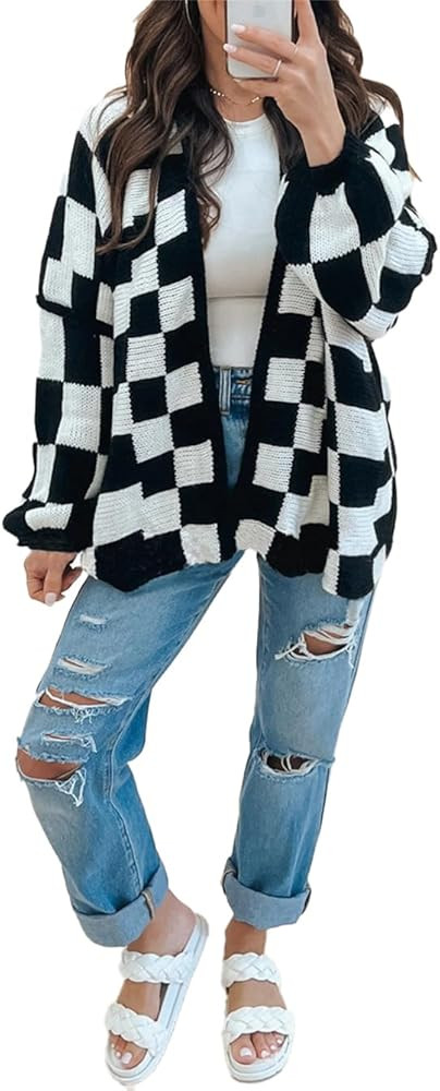 Cárdigan a cuadros de gran tamaño para mujer, cárdigan de manga larga, frente abierto, abrigos... | Amazon (US)