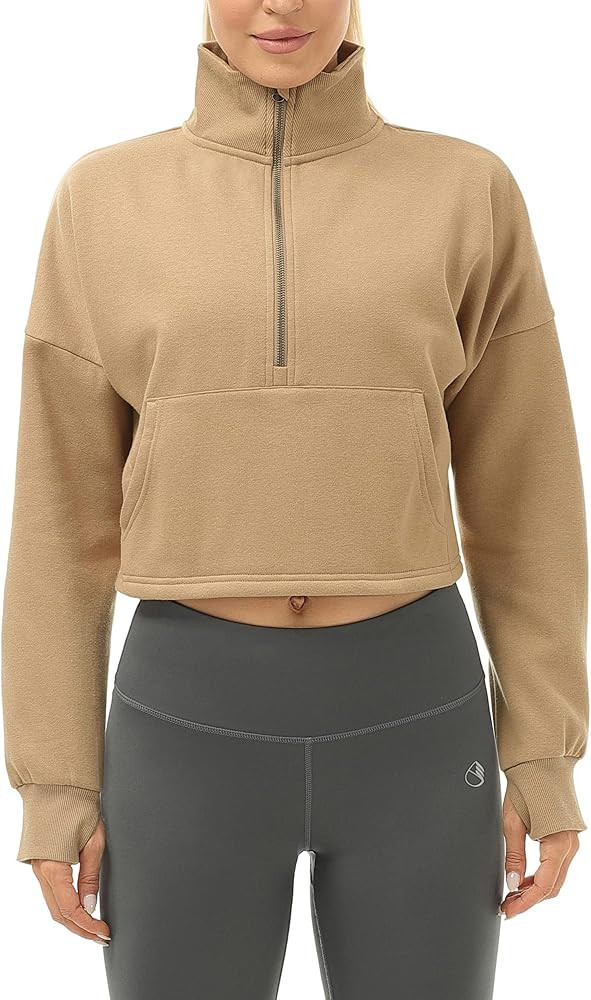 icyzone Fleece Lined Half Zip Pullover for Women with Pockets, Oversized Athletic Cropped Sweatsh... | Amazon (US)