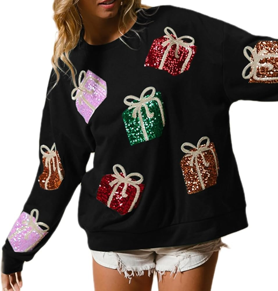 UAURORAO Women Glitter Christmas Sweatshirts Oversized Sequin Funny Shirts Long Sleeve Sparkly Xm... | Amazon (US)
