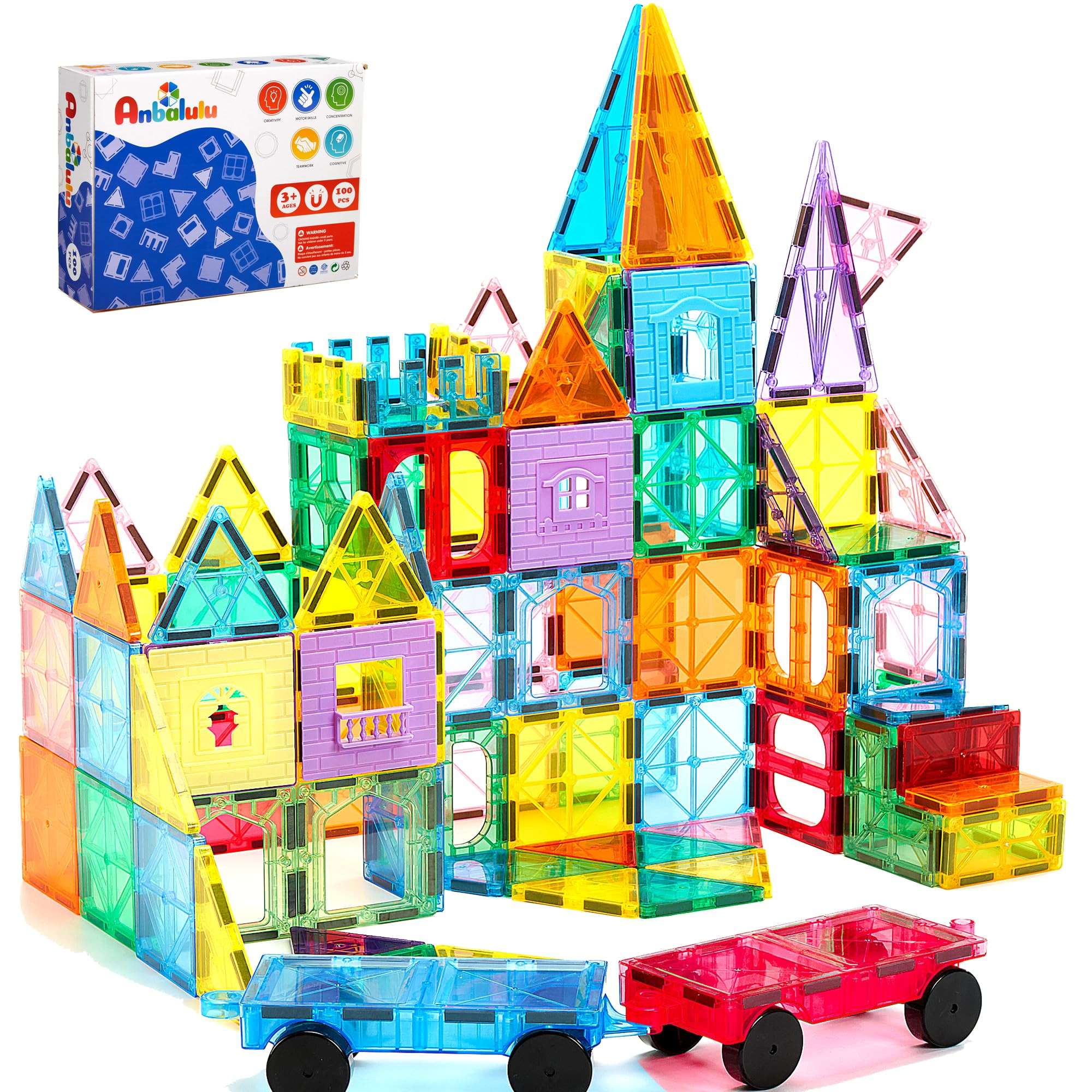 Magnetic Tiles 100PCS with 2 Cars, STEM Educational Building Blocks for Kids Ages 3-9, Magnet Con... | Amazon (US)