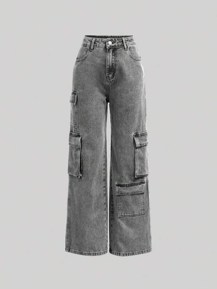SHEIN Teenage Girls' Cargo Style Denim Trousers With Pockets | SHEIN