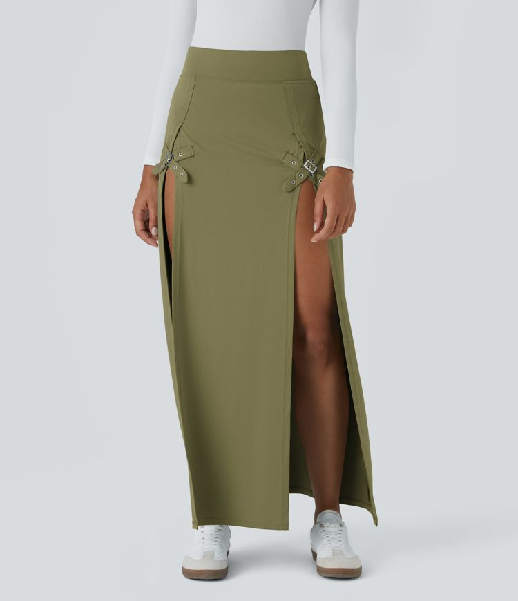 Women’s High Waisted Decorative Buckle Split 2-in-1 Maxi Casual Skirt - Halara | HALARA