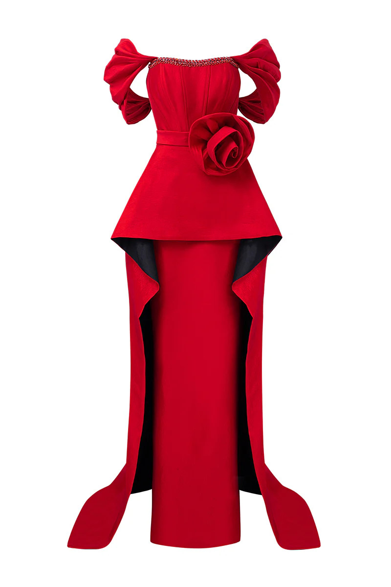 RED BUSTIER DRESS WITH OFF-SHOULDER SLEEVES | IHF | CULT MIA | CULT MIA UK LTD