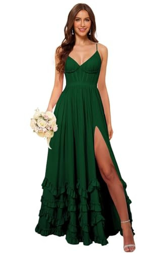 vintys Simple Women's V Neck Chiffon Bridesmaid Dresses with Ruffle Long Emerald Green Plus Size Corset Chiffon A Line Wedding Guest Dress 16W | Amazon (US)