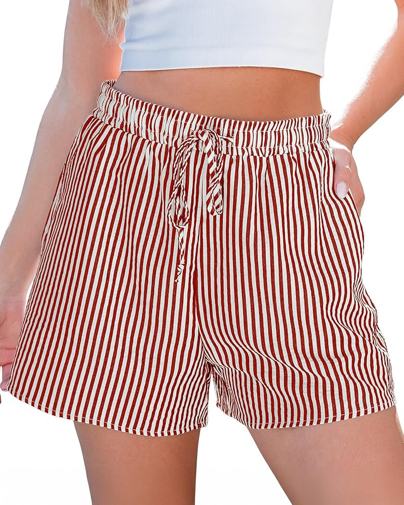 luvamia Striped Shorts for Women High Waisted Beach Casual Drawstring Pull On Elastic Waist Summe... | Amazon (US)
