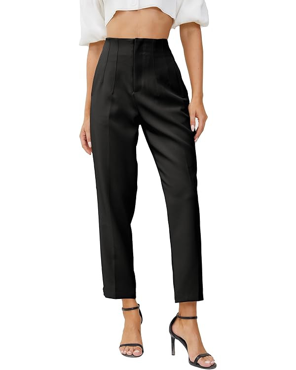 Women's High Waisted Business Trousers Straight Leg Pleated Office Slacks Pants | Amazon (US)