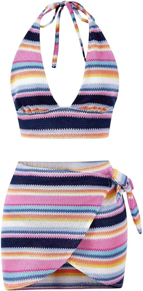 Verdusa Women's 2 Piece Outfit Striped Deep V Neck Crop Halter Top and Wrap Skirt Sets | Amazon (US)