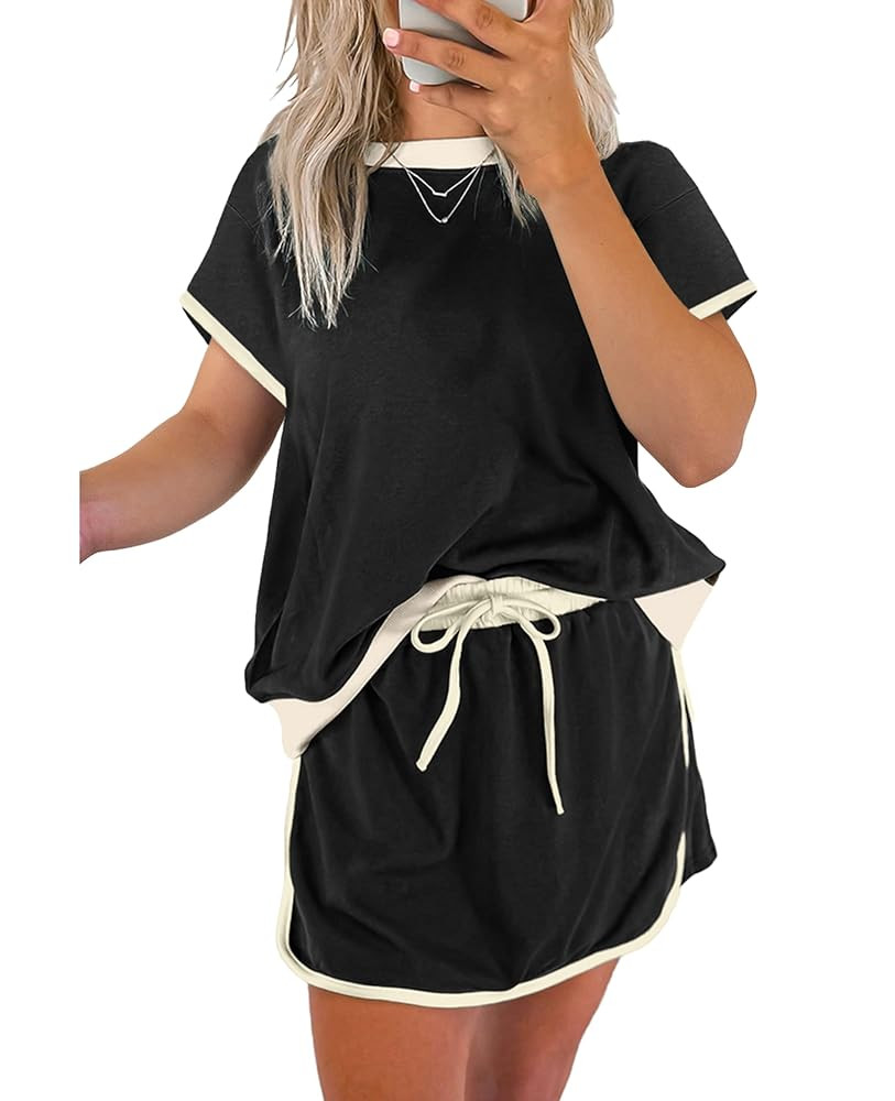 SELINK Lounge Sets for Women 2 Piece Skirt Colorblock Drop Shoulder T Shirt and Skort Set Summer ... | Amazon (US)