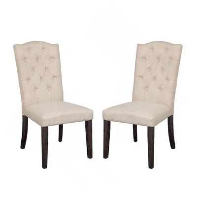 Set Of 2 Linen Upholstered Dining Chairs With Tufted Back, Beige And Weathered Espresso | Wayfair North America
