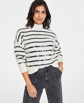 On 34th Women's Sequined Striped Mock-Neck Sweater, Created for Macy's - Macy's | Macy's