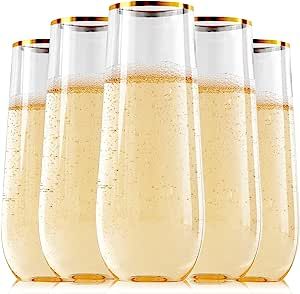 FOCUSLINE 24 Pack 9 Oz Plastic Champagne Flutes | Stemless Plastic Champagne Glasses Gold Rim, He... | Amazon (US)