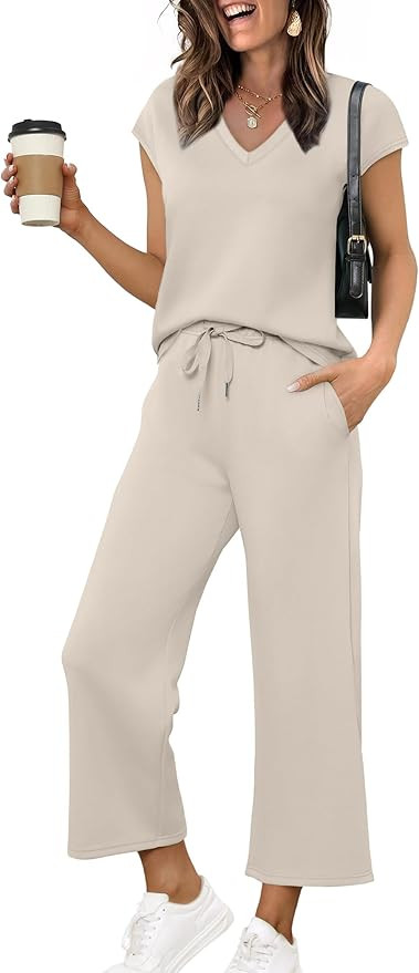 Saloogoe Two Piece Sets for Women Summer Outfits Lounge Sets V Neck Tops Wide Leg Pants Woman Vac... | Amazon (US)
