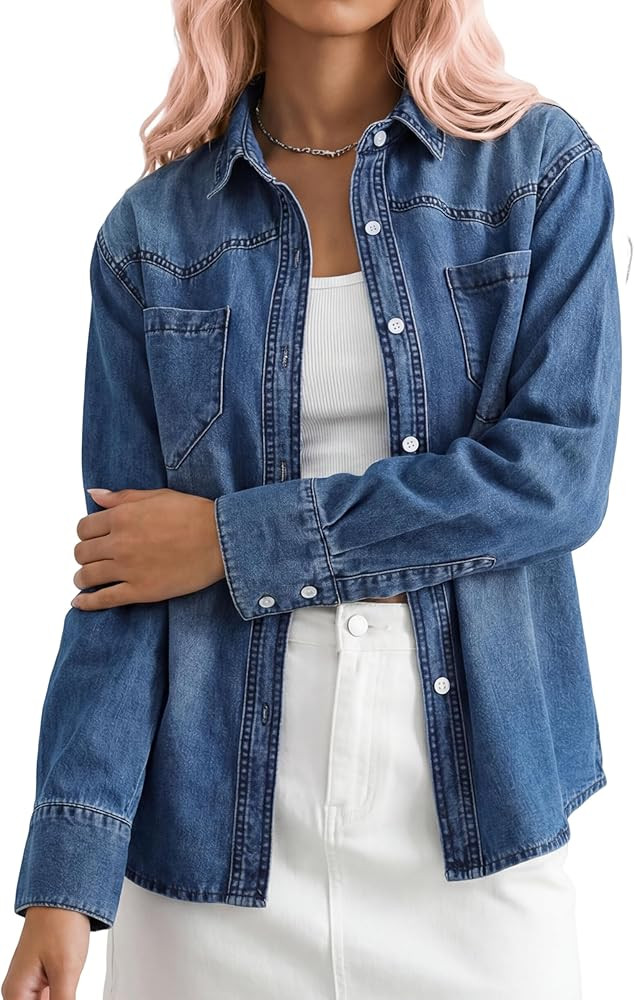 Women's Denim Button Down Shirts Oversized Long Sleeve Double Pocket Jean Shirt | Amazon (US)