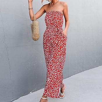 Uppada Strapless Jumpsuits for Women Dressy Sexy Summer Floral Printed Boho Romper Wide Leg Pants Be | Amazon (CA)
